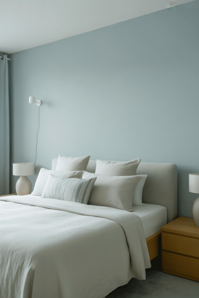 Soft blue walls bring a peaceful and airy feel to a minimalist bedroom.

