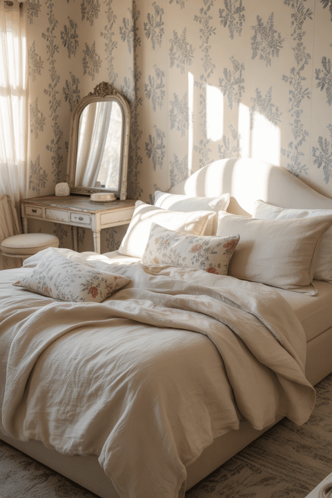 Blue floral prints add charm and character to a soft, vintage-inspired bedroom.

