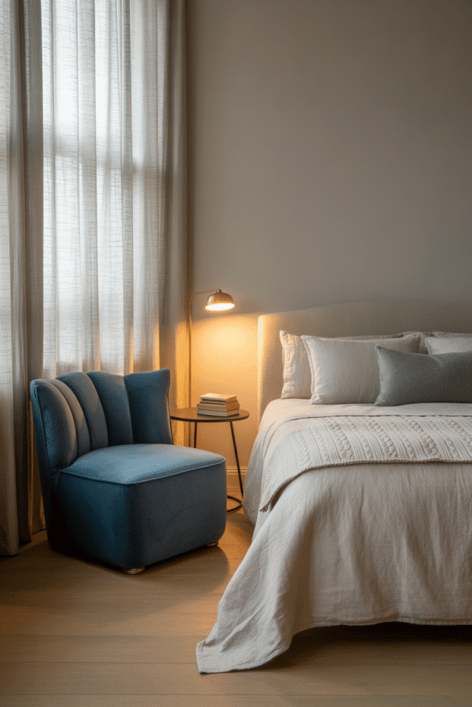 Blue accent furniture adds a bold touch to a neutral bedroom design.

