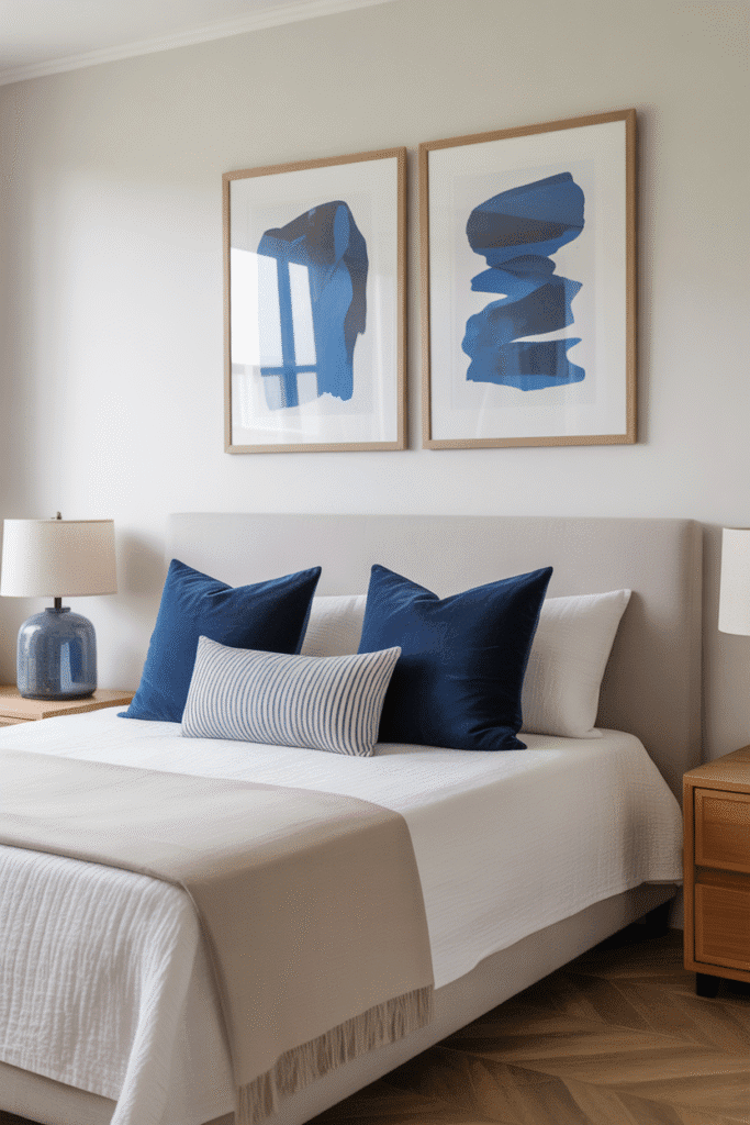 Blue wall art above the bed adds visual interest to a neutral bedroom setup.

