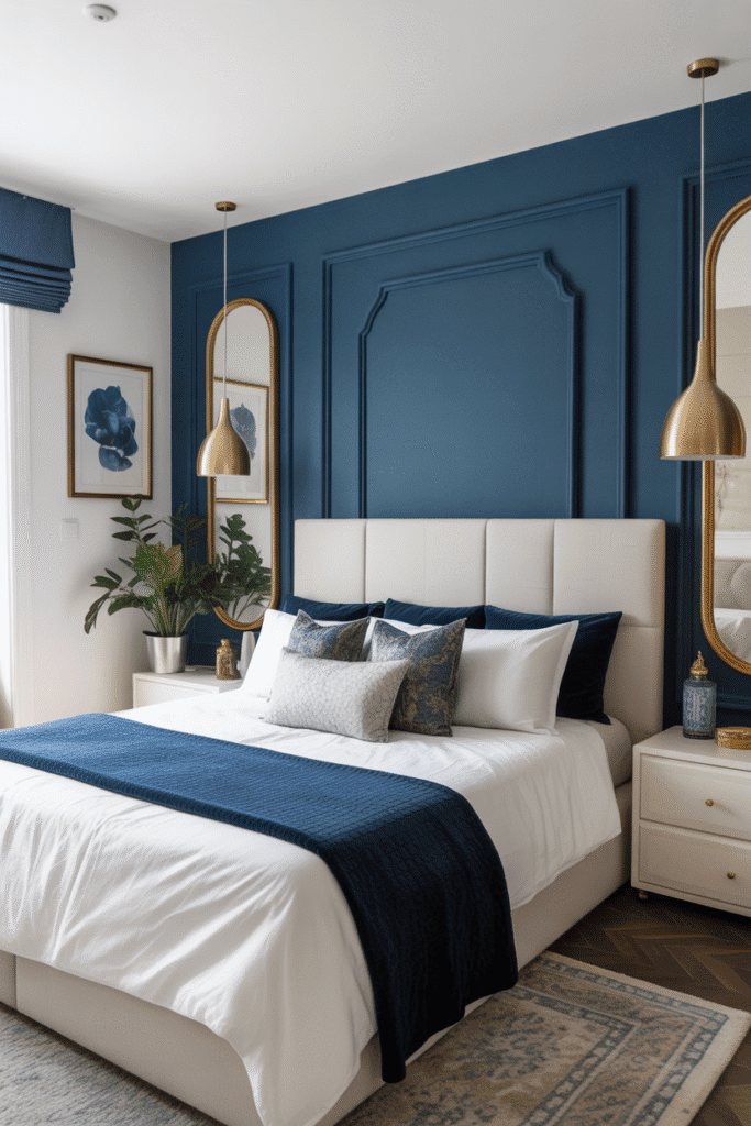 Gold and brass accents add warmth to a blue and white modern bedroom.

