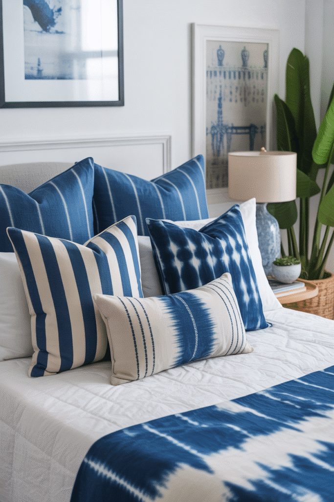 Blue patterns in pillows and textiles bring energy to a calm bedroom space.

