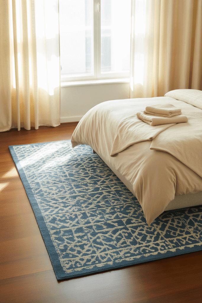 A blue rug under the bed ties together the bedroom’s calming color scheme.

