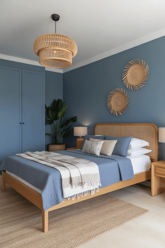 Natural materials like wood and rattan warm up a blue-toned bedroom design.

