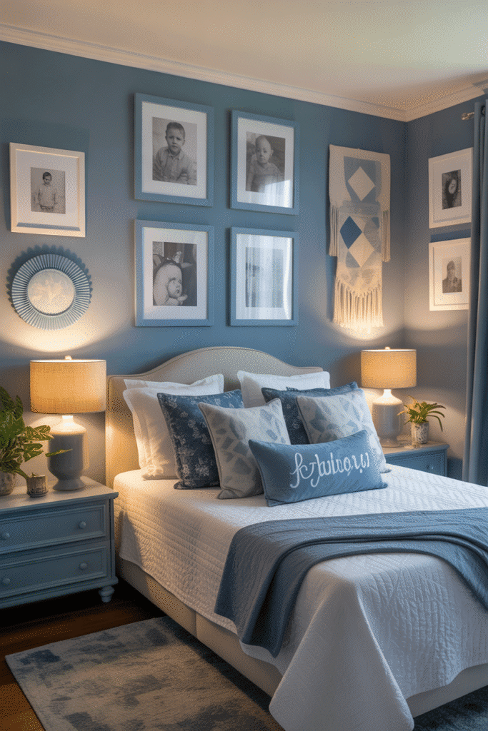 Personal touches like framed photos and handmade items add soul to a blue bedroom.

