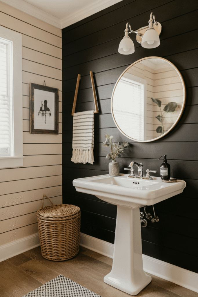 Black shiplap adds rustic texture to a clean white bathroom setup.

