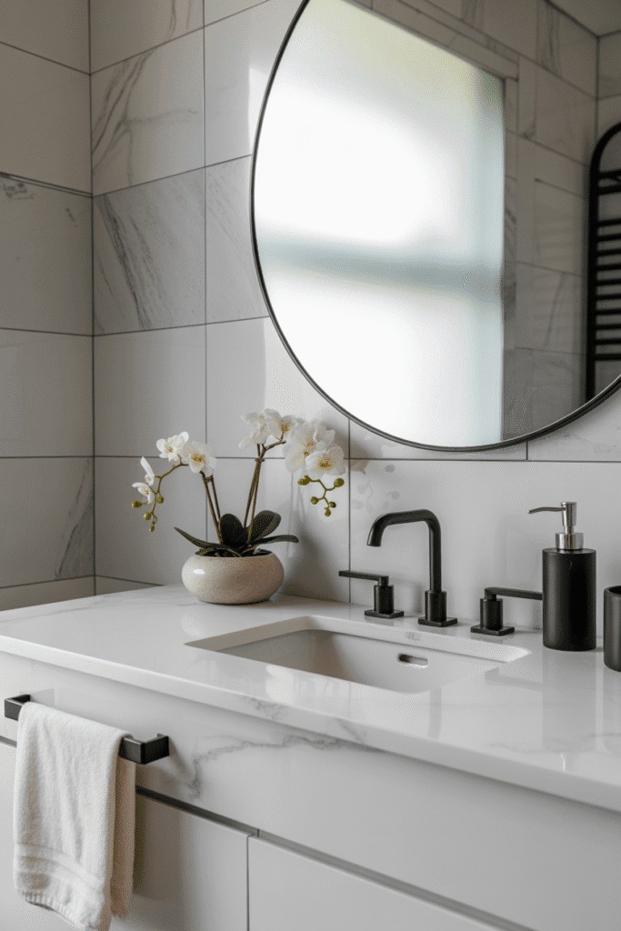 White marble adds soft texture and elegance to a black and white bathroom.

