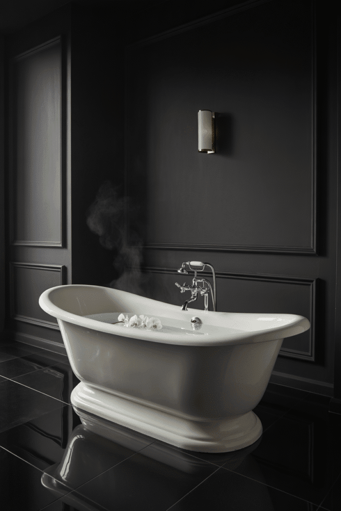 Matte black bathroom walls create a bold and dramatic space.

