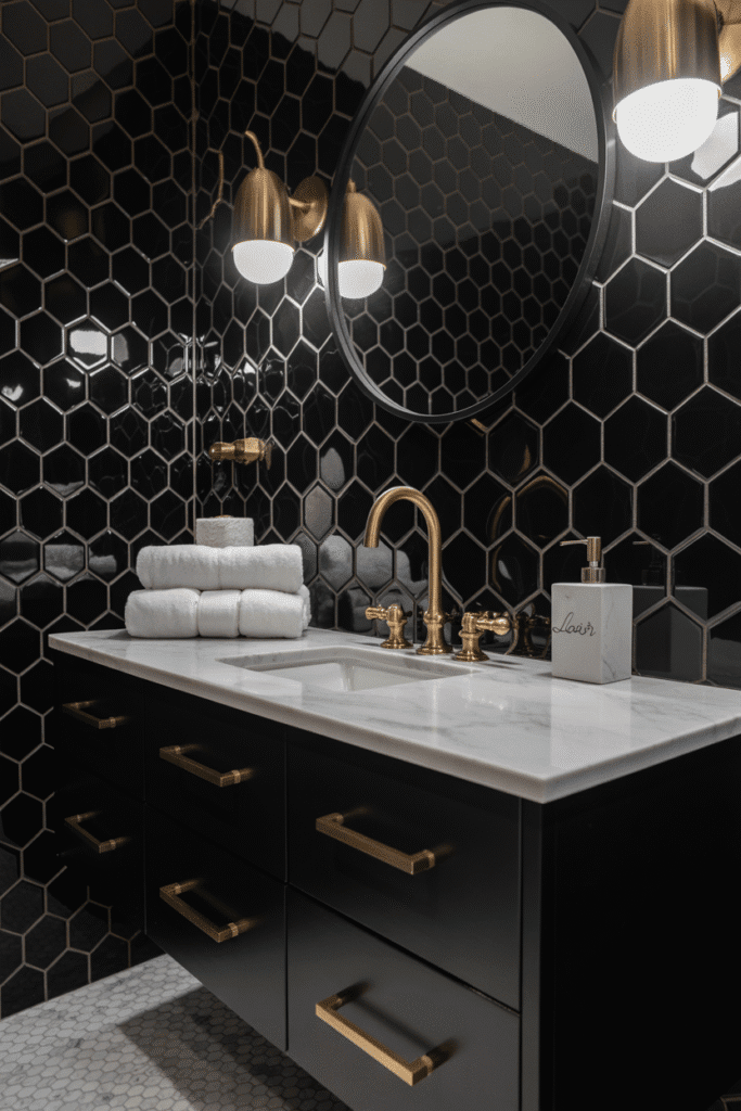 Brass and gold accents warm up a black and white bathroom design.

