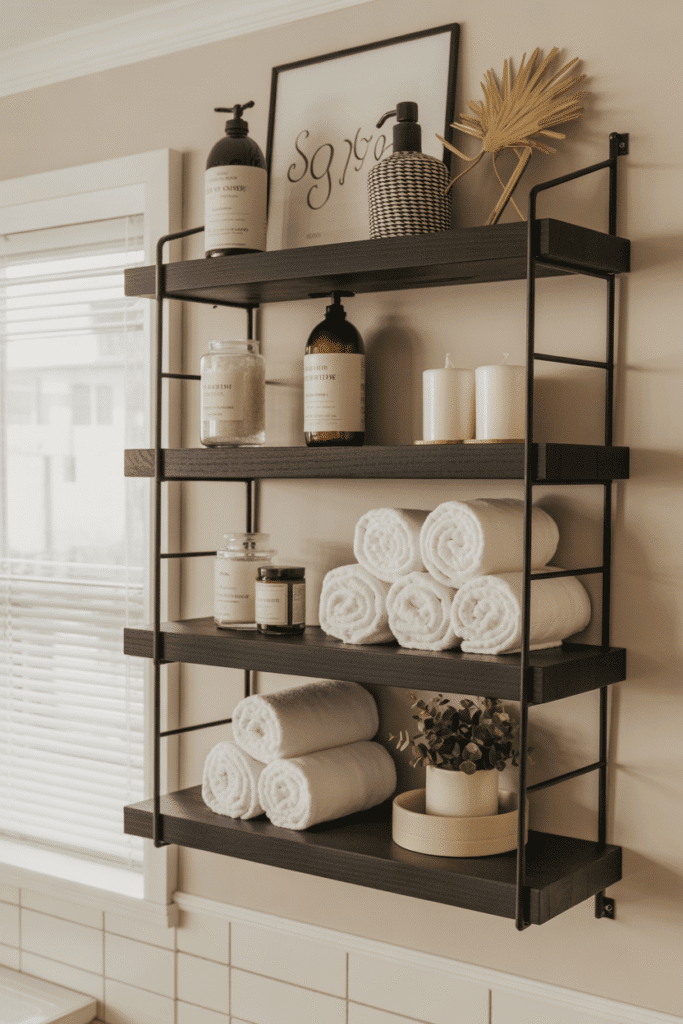 Open shelves in a black and white bathroom provide stylish storage.


