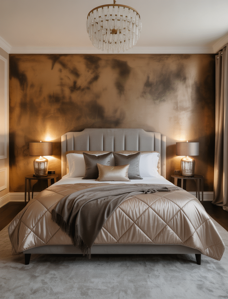 Master bedroom with a metallic-painted accent wall in gold, bronze, or silver behind the bed, paired with luxe fabrics like velvet throw pillows and silk quilts for an elegant, glamorous touch.