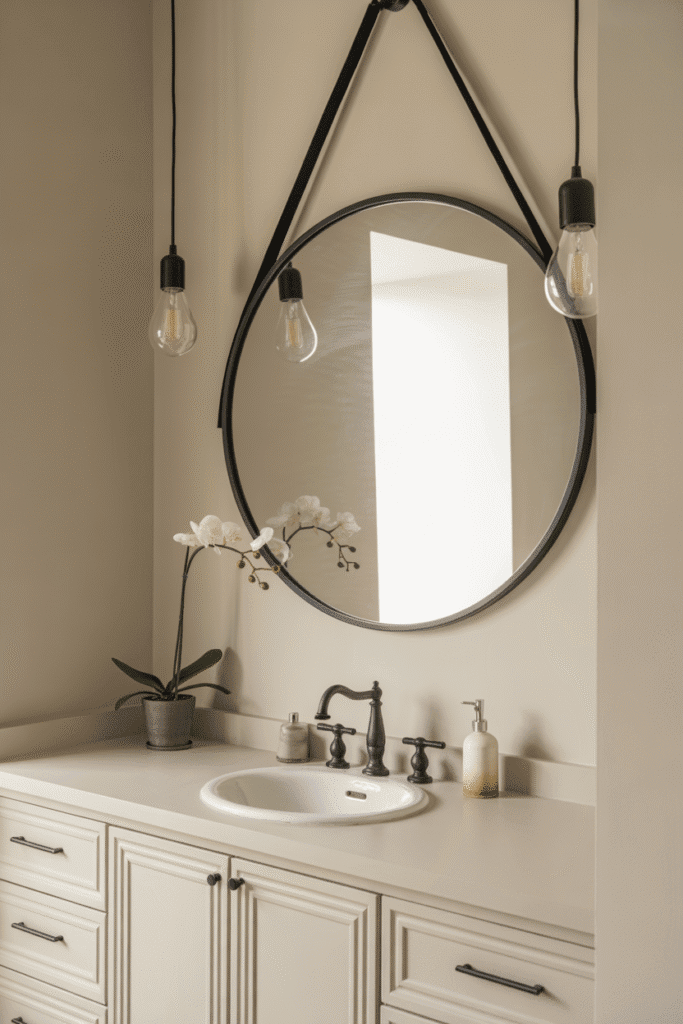 A black statement mirror becomes the focal point in a modern bathroom.

