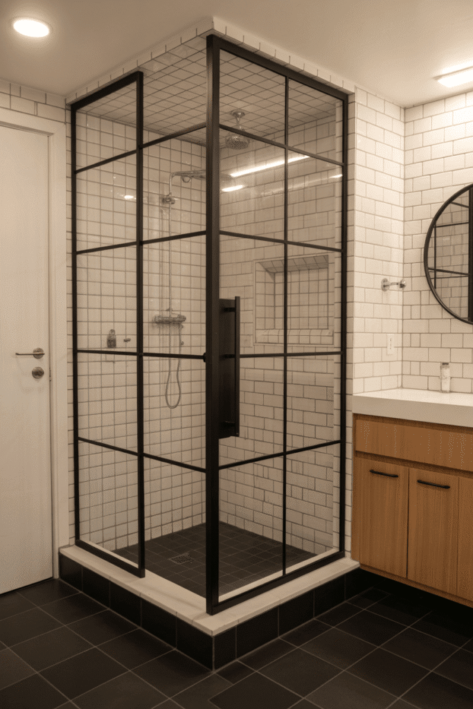 A black statement mirror becomes the focal point in a modern bathroom.

