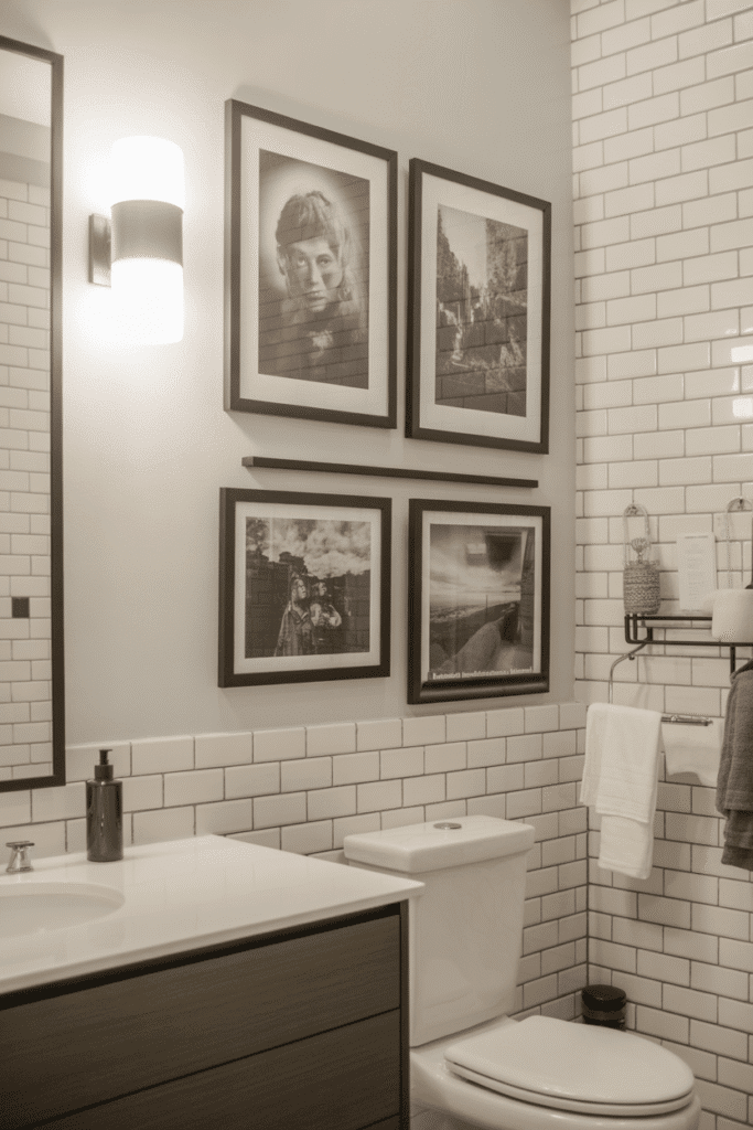 Black and white wall art adds elegance to a minimalist bathroom.

