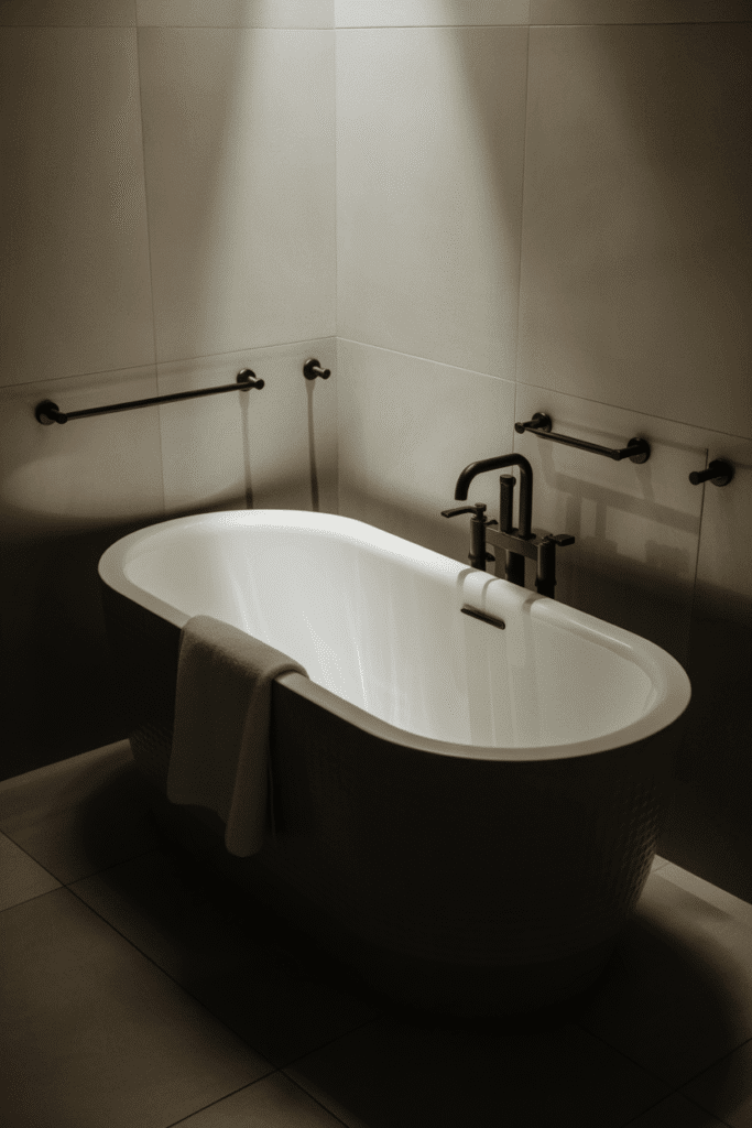 Matte black finishes add a soft, modern touch to a black and white bathroom.

