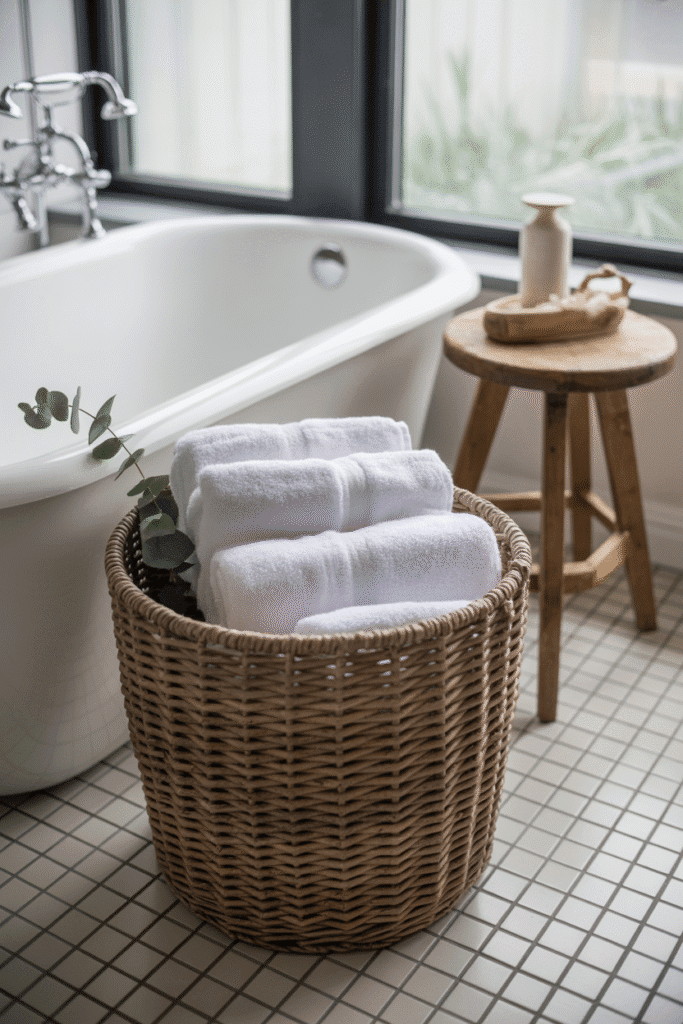 Natural textures like wood and baskets warm up a black and white bathroom.

