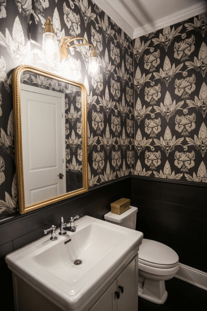 Black and white wallpaper adds visual interest in a small bathroom space.

