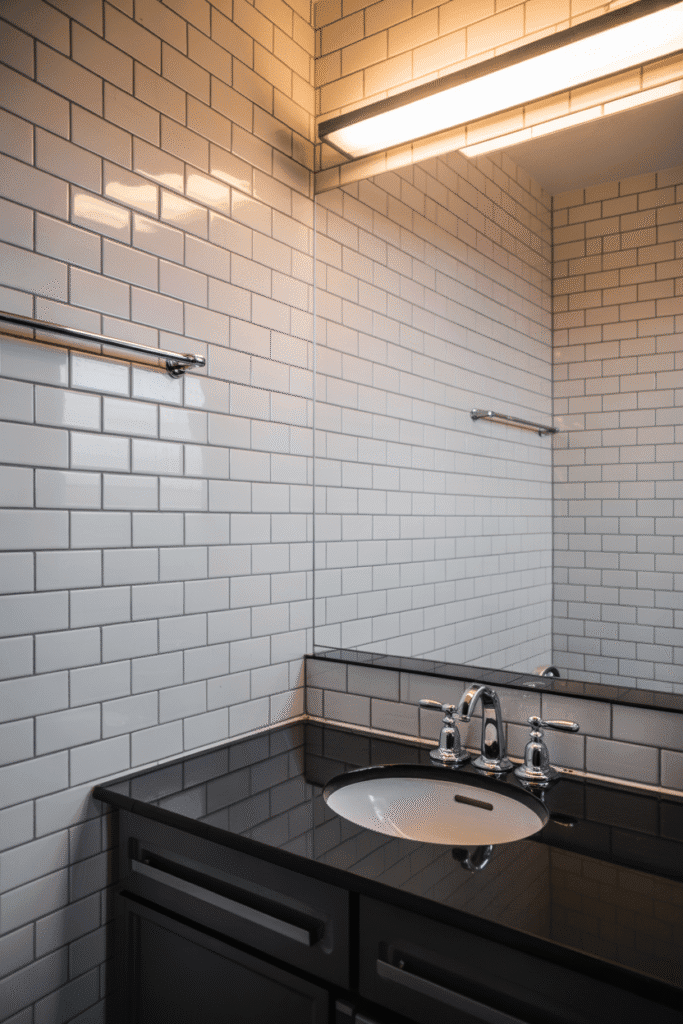 White subway tile with dark grout adds texture and definition.

