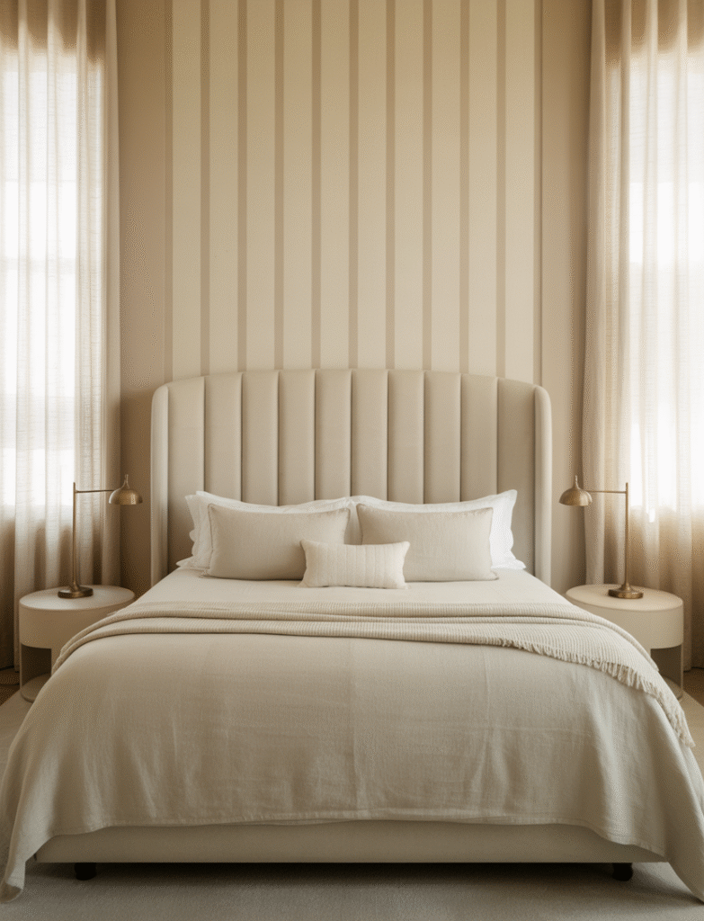 Master bedroom with a striped accent wall behind the bed, using horizontal or vertical stripes in neutral or muted tones to elongate the space and add a playful, modern touch.