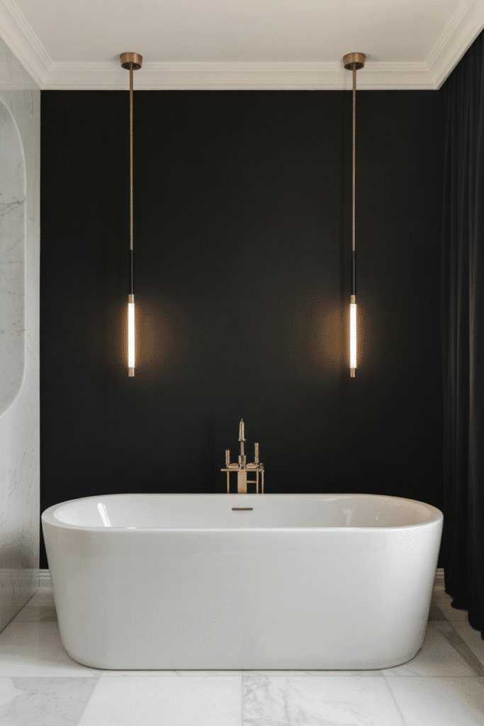 A white freestanding tub makes a bold statement against a black wall.

