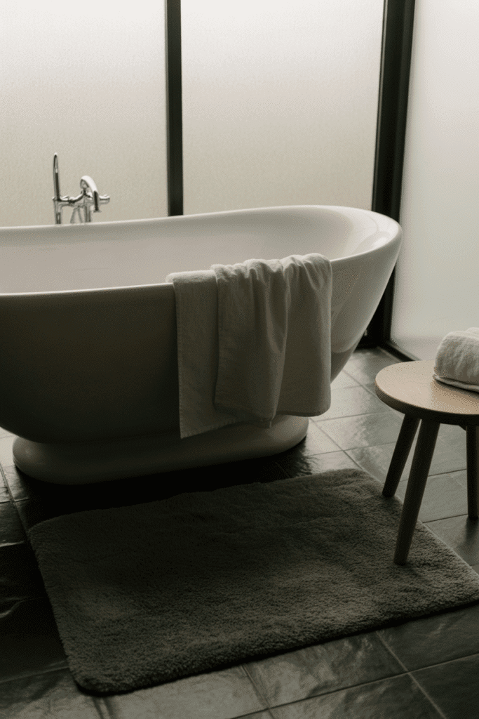 A well-balanced black and white bathroom blends beauty with functionality.

