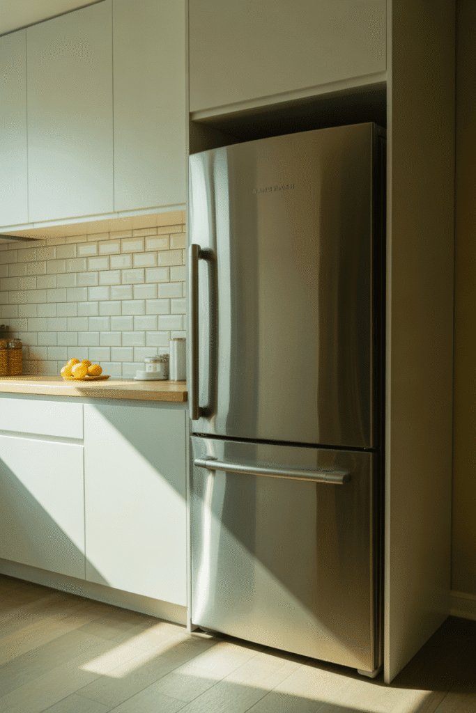 Glossy white subway tile backsplash in a modern kitchen with white cabinetry.
