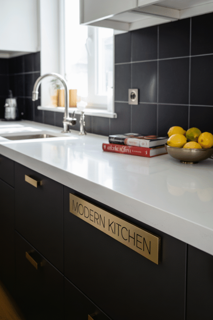 Matte black backsplash creates striking contrast in a modern white kitchen.