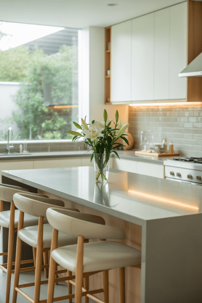 Soft gray backsplash tiles add subtle sophistication to a modern kitchen.