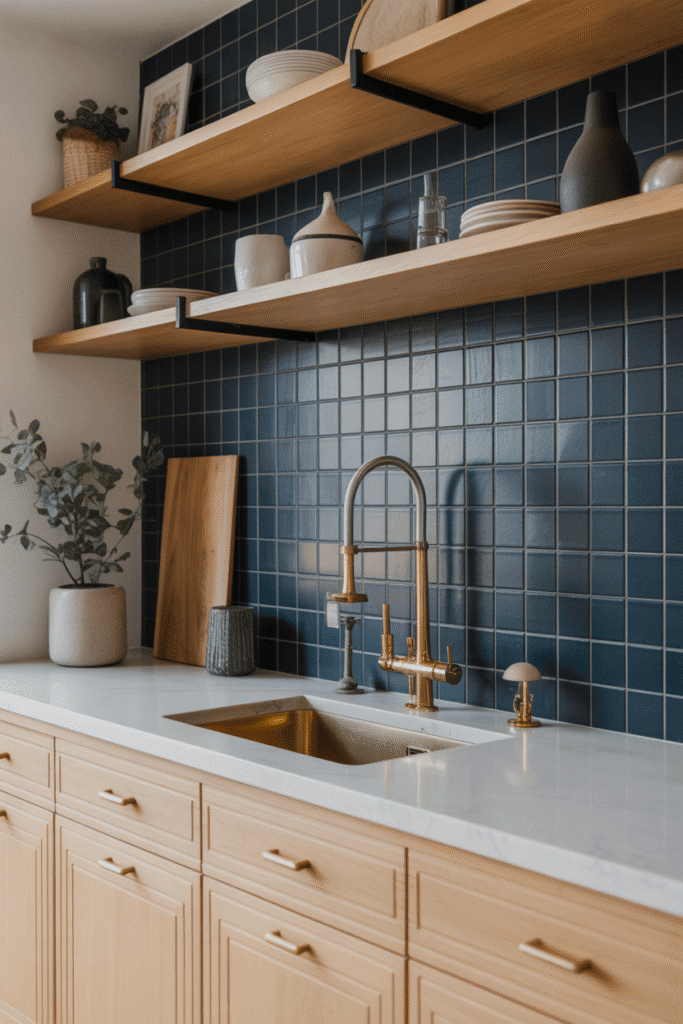 Navy blue backsplash adds a moody, modern touch to this bright kitchen.