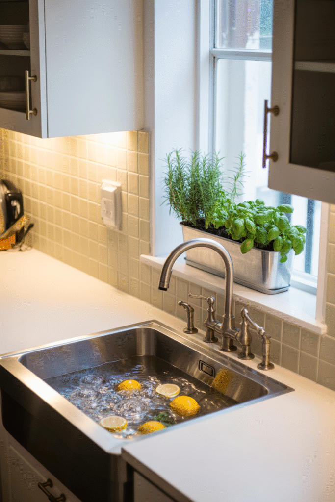 Beige backsplash creates a warm, earthy tone in a modern white kitchen.