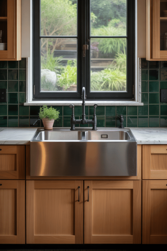 Forest green backsplash adds natural depth to a modern wood-accented kitchen.