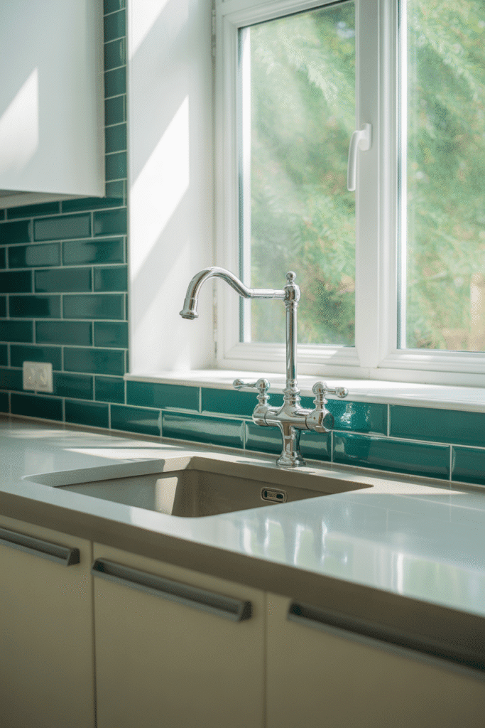 Teal backsplash adds energy and color to a sleek modern kitchen design.