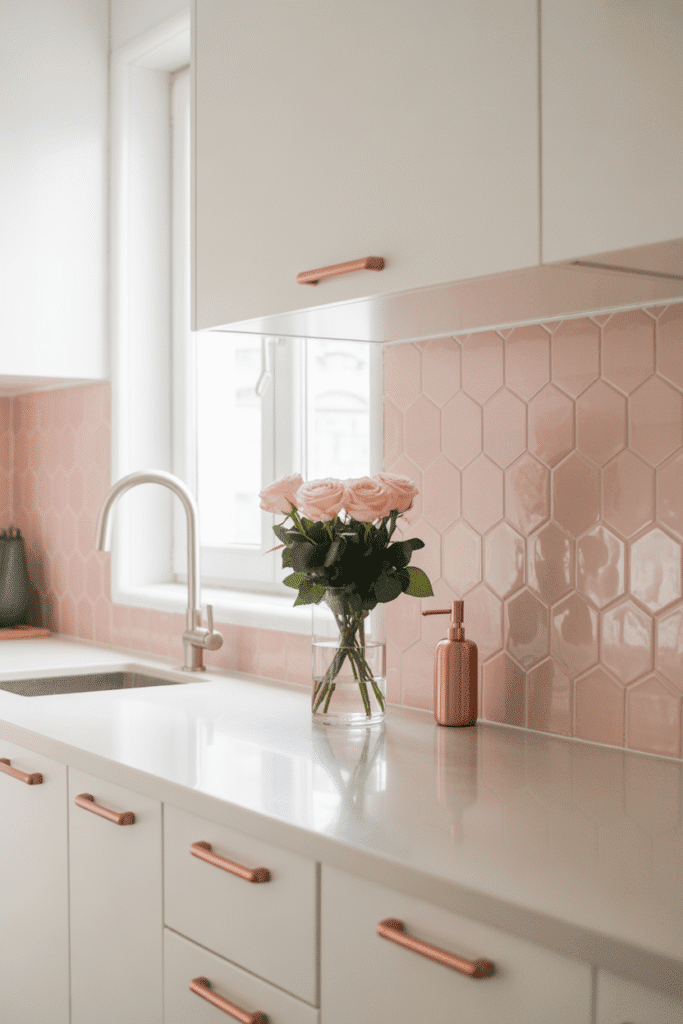 Blush pink backsplash softens and brightens this minimalist kitchen.
