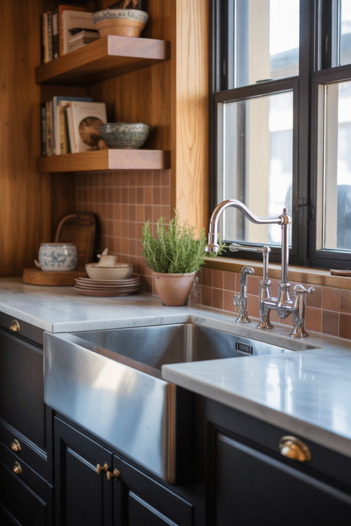 Terracotta backsplash adds warmth and texture to a modern rustic kitchen.