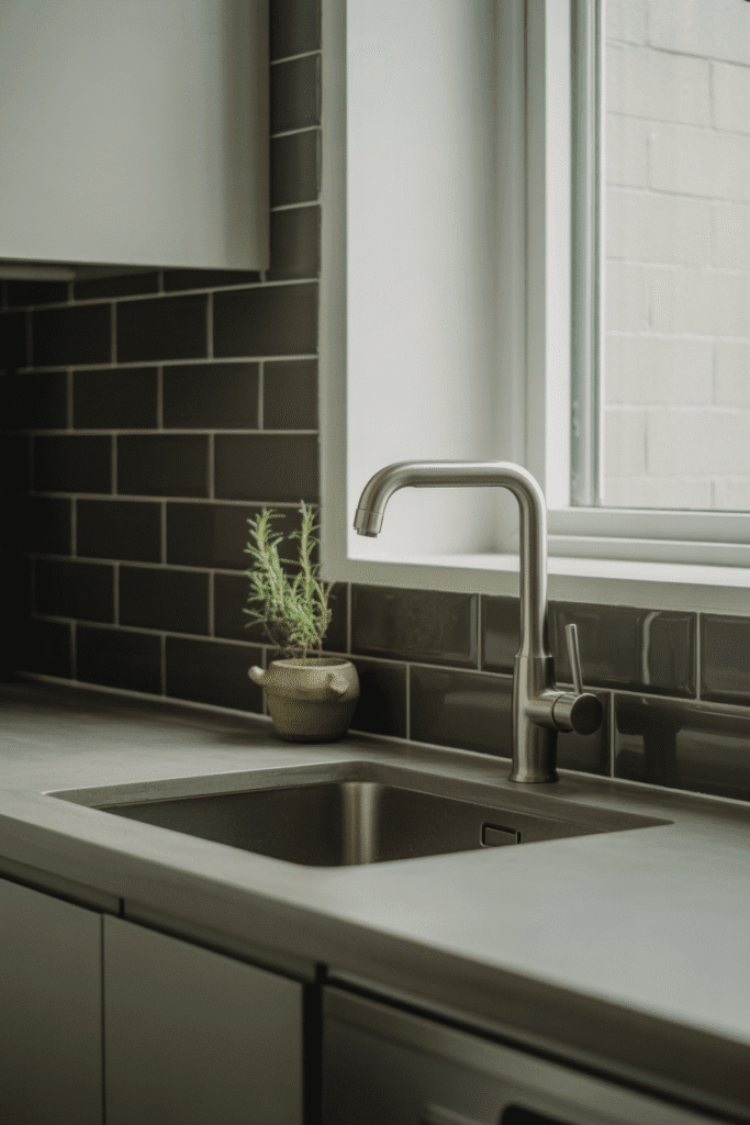 Charcoal backsplash enhances the dramatic style of a modern gray kitchen.
