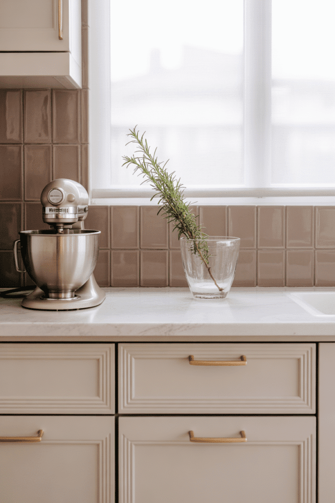 Taupe backsplash brings warmth and balance to a modern neutral kitchen.