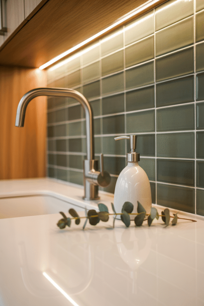 Sage green backsplash softens the overall look of a modern kitchen.