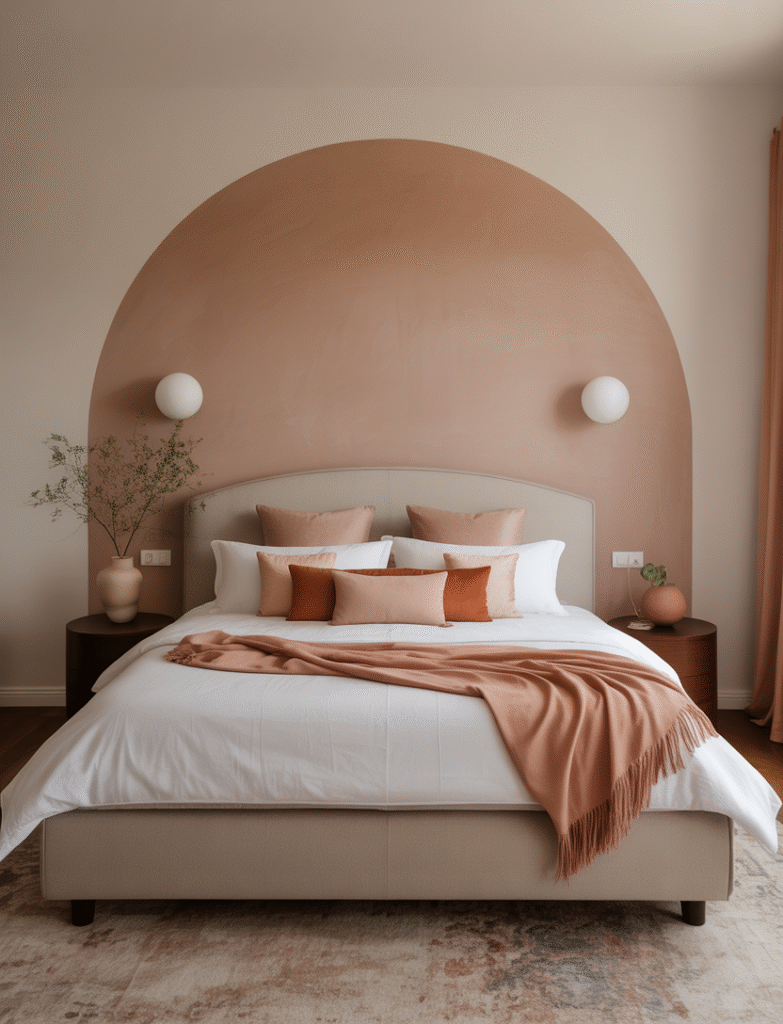 Master bedroom with a soft arched painted feature behind the bed, using earthy tones like terracotta, sage, or dusty rose to frame the bed and create a calming, subtle effect.