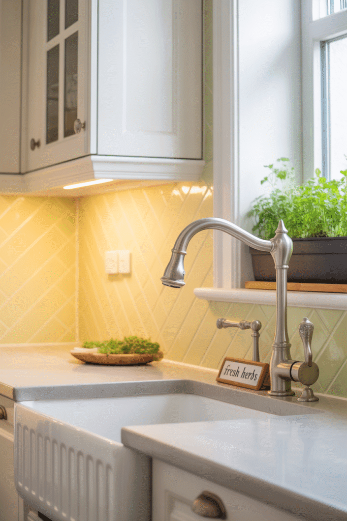 Pale yellow backsplash adds a sunny and cheerful tone to a sleek kitchen.