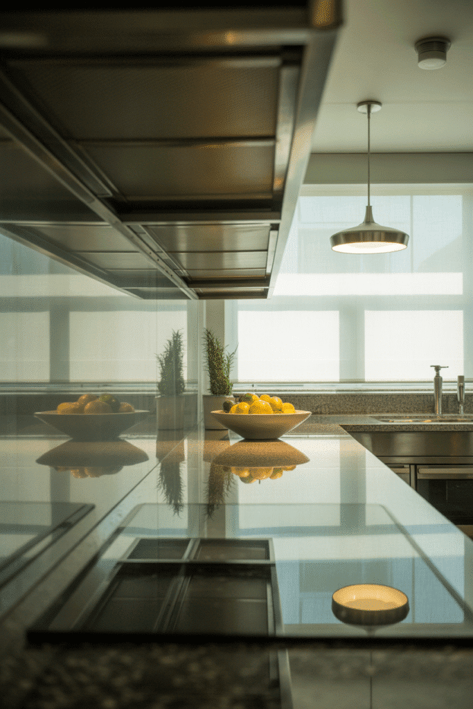 Mirrored backsplash reflects light and space in a clean, modern kitchen.