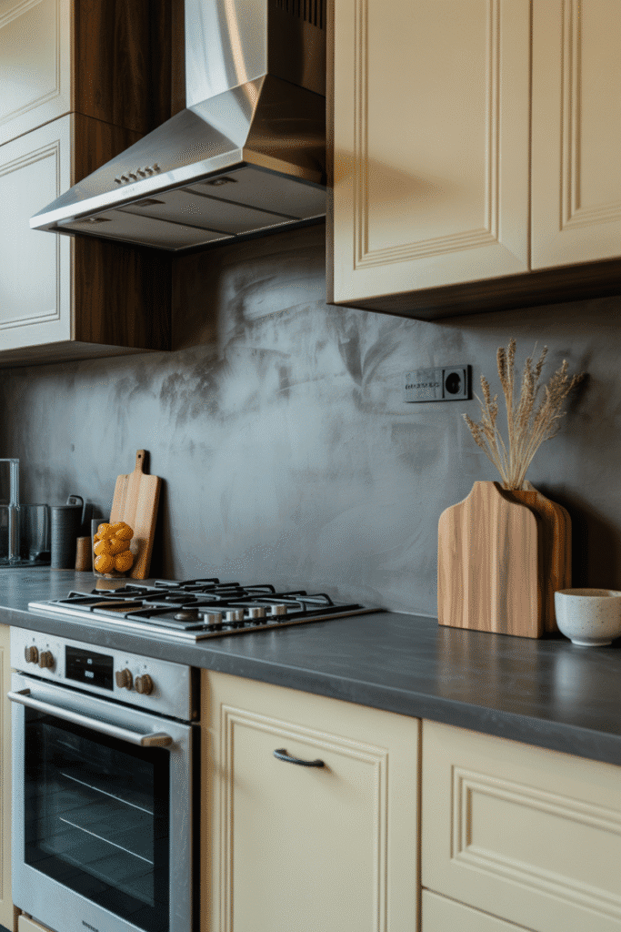 Concrete-toned backsplash adds urban edge to a modern industrial kitchen.