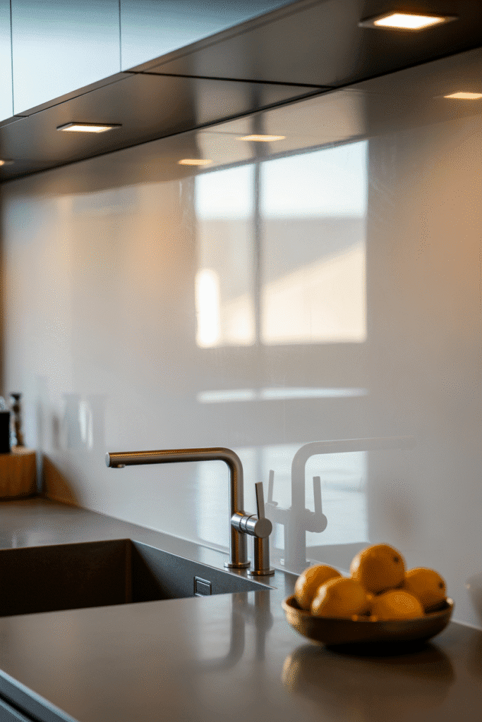High-gloss white backsplash reflects light in a minimal modern kitchen.