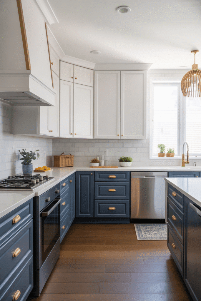 As a part of blue kitchen ideas this picture shows navy blue cabinets with white uppers and gold hardware in a modern kitchen.