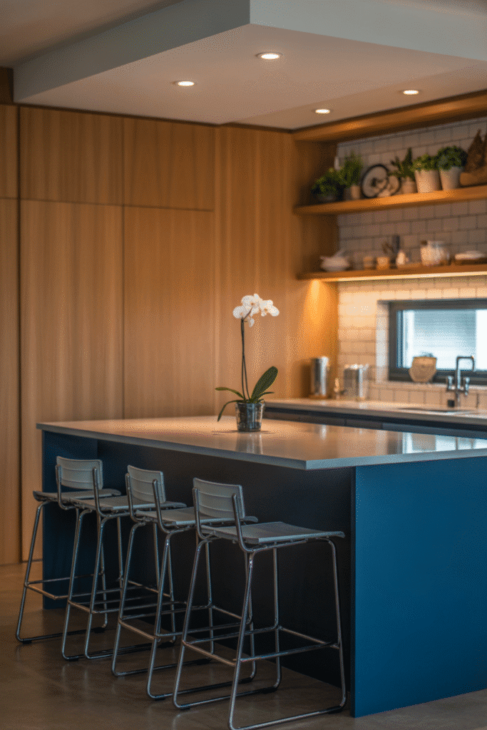 Navy and natural wood blend together for a balanced modern kitchen look.