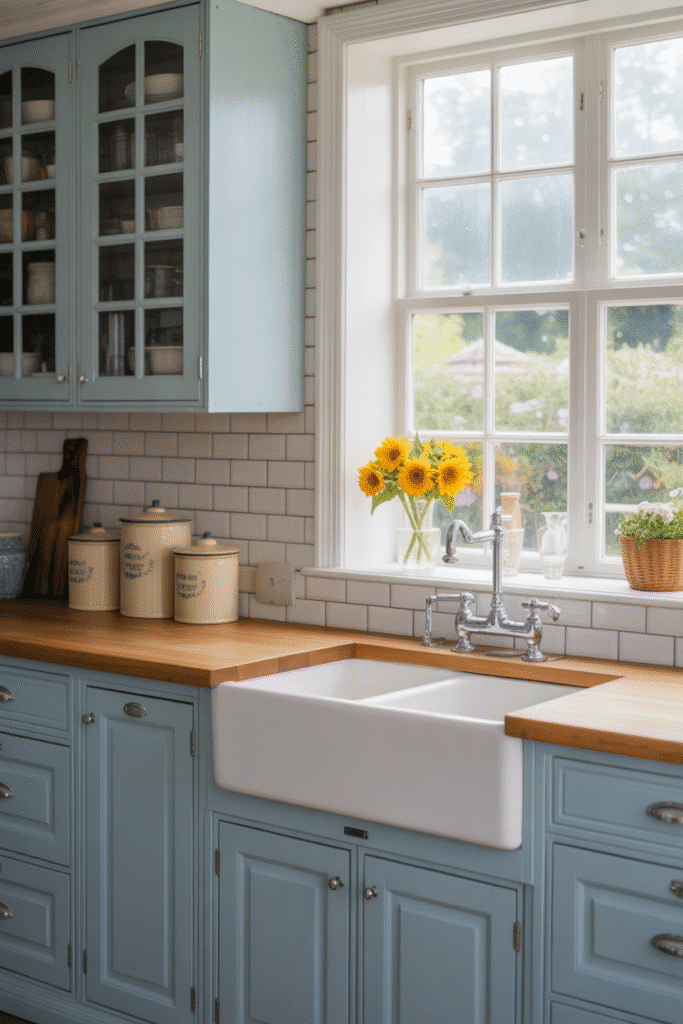 Powder blue kitchen cabinets bring a soft, calming touch to a light-filled space.
