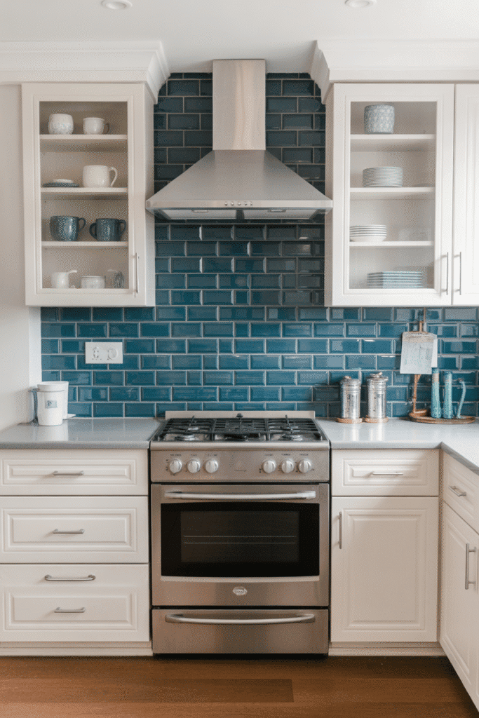 Blue subway tile backsplash adds a vibrant pop in a modern kitchen.