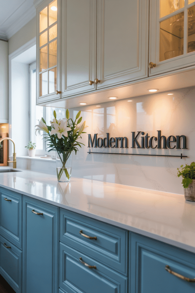 Two-tone cabinets create contrast with blue lowers and bright white uppers.
