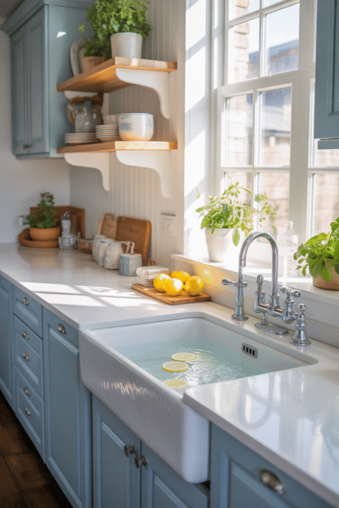 Blue and white kitchen creates a relaxed coastal-inspired space.