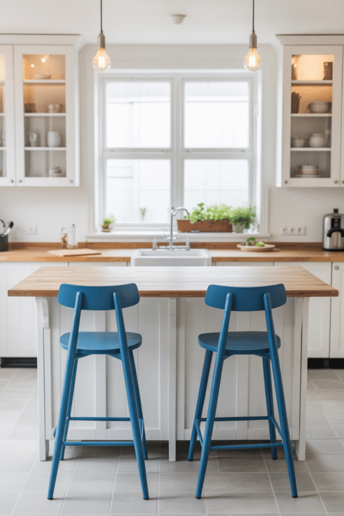 Blue bar stools add personality to a modern neutral-toned kitchen.
