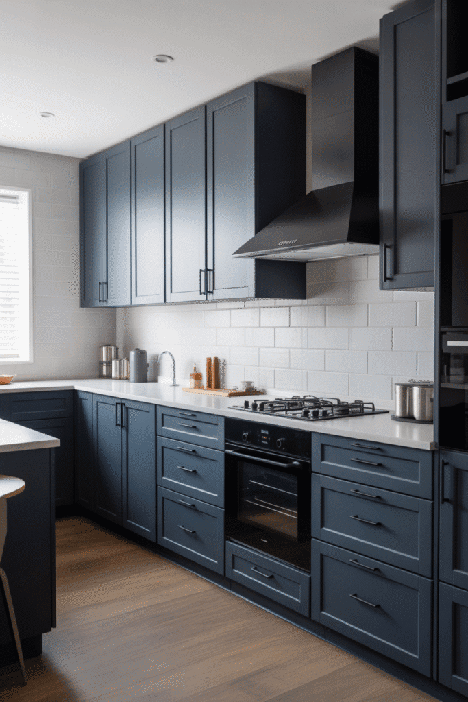 Matte blue finishes give this kitchen a clean and modern aesthetic.